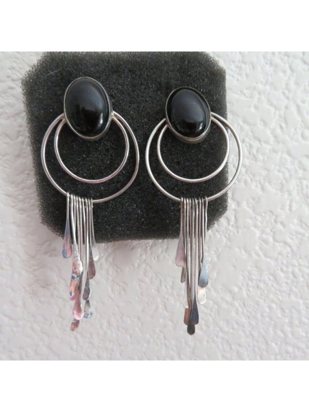Vintage Mexican Sterling Silver Dangle Earrings Black Onyx Cabochons Multi-Tiere